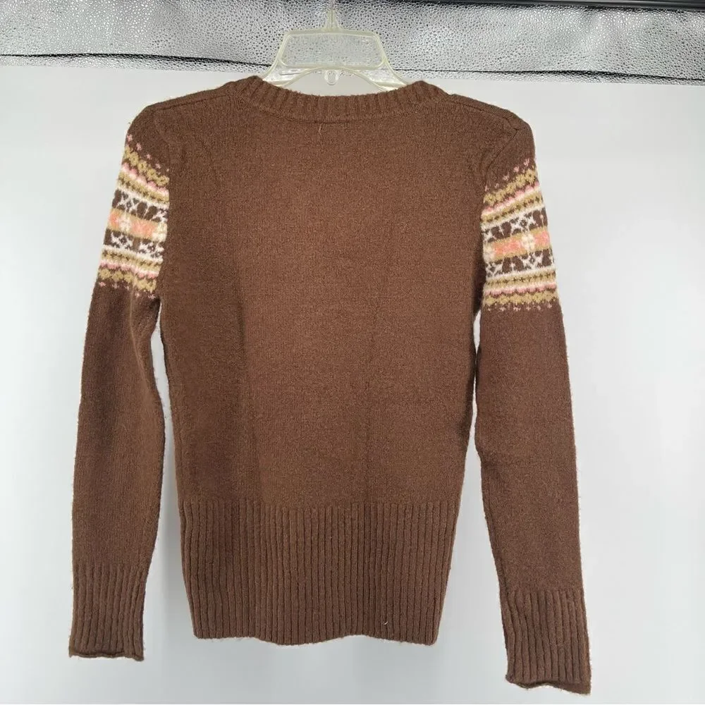 Cherokee Girl’s Brown Sequin Fair Isle V-Neck Pullover Sweater Large 8/10